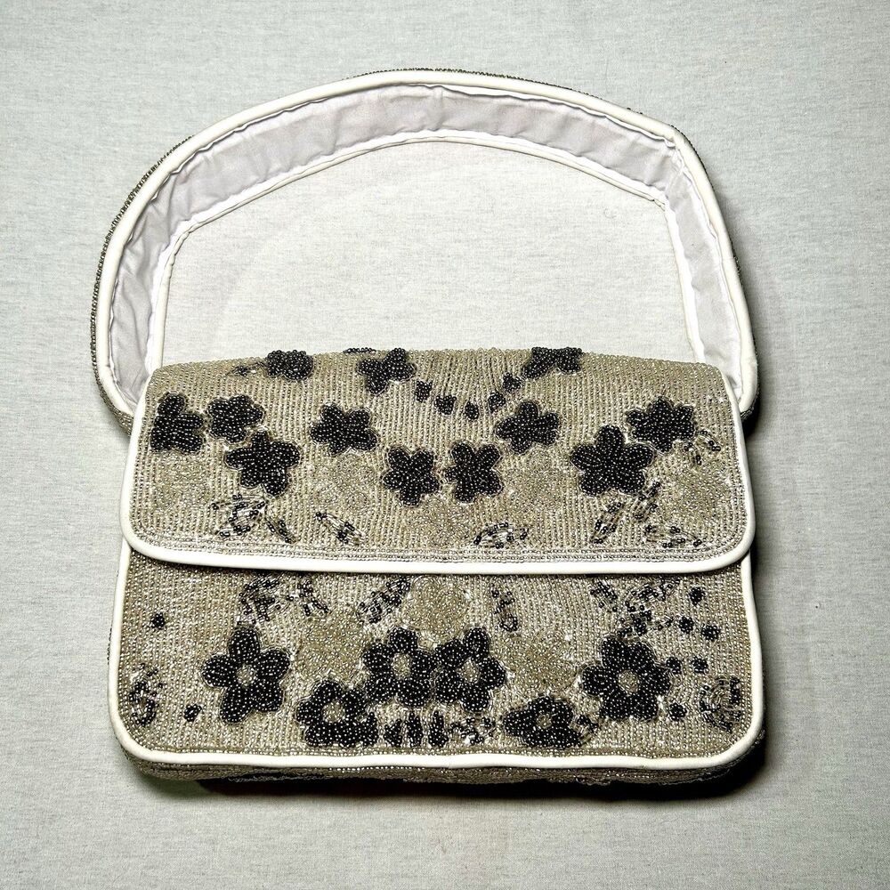 White beaded shoulder bag with grey floral embroidery #glamour #evening